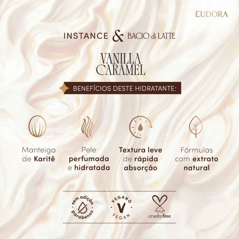Creme Hidratante Corporal Instance Bacio di Latte Vanilla Caramel 400ml - Imagem 3
