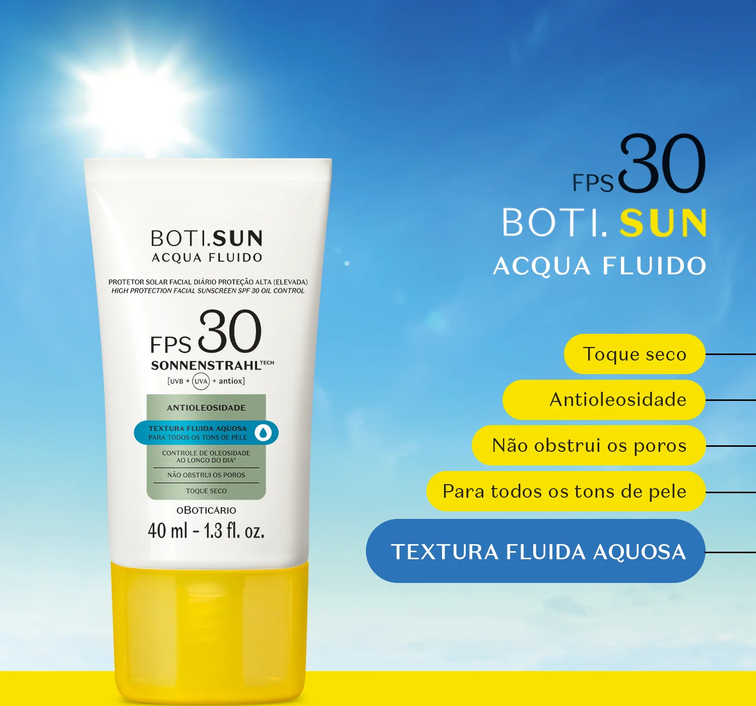 Protetor Solar Facial Antioleosidade FPS30 BOTI.SUN Acqua Fluido 40ml - Imagem 2